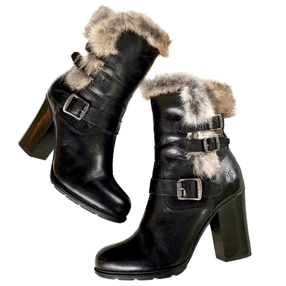 FRYE Shoes - FRYE Penny Lux Rabbit Fur Lined High Heel Winter Moto Boots 9.5